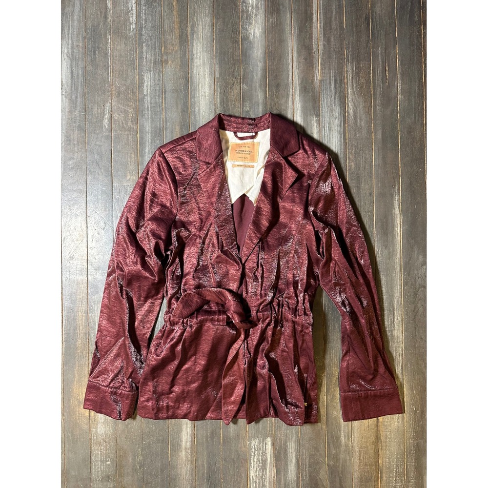 Scotch & Soda Maison Scotch Burgundy Metallic Belted Blazer Jacket Womens